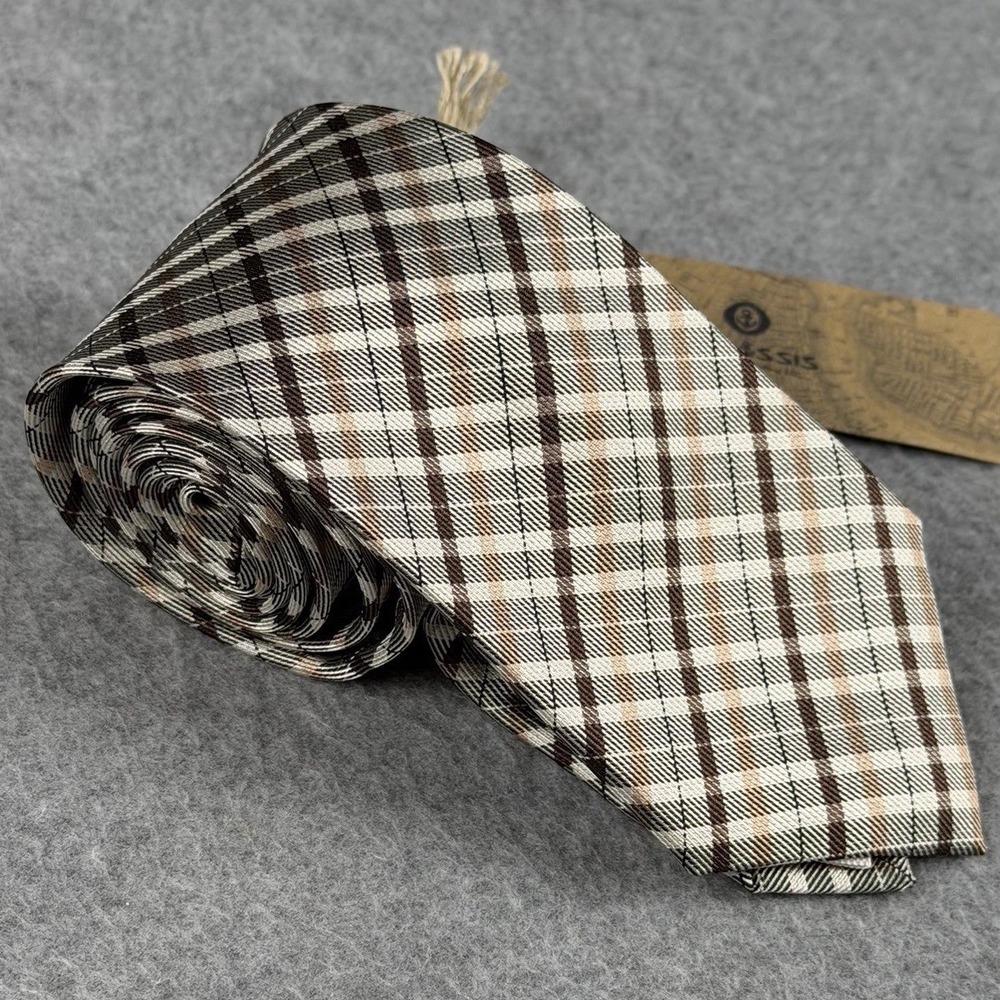 Onassis 100% Silk Skinny Tie Brown Gray Plaid Checked Men's Necktie 58x2.5"